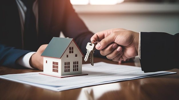 real estate agent handing house key to owner successful property sale purchase agreement ownership premium ai generated image