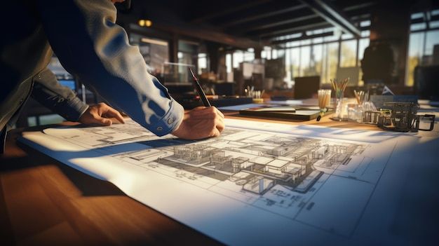 a engineer working on blueprint construction premium ai generated image