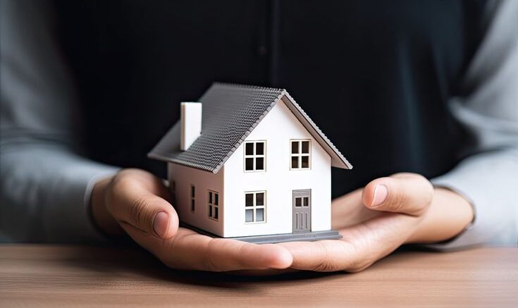woman showing with one hand a mini house. real state concept. ai